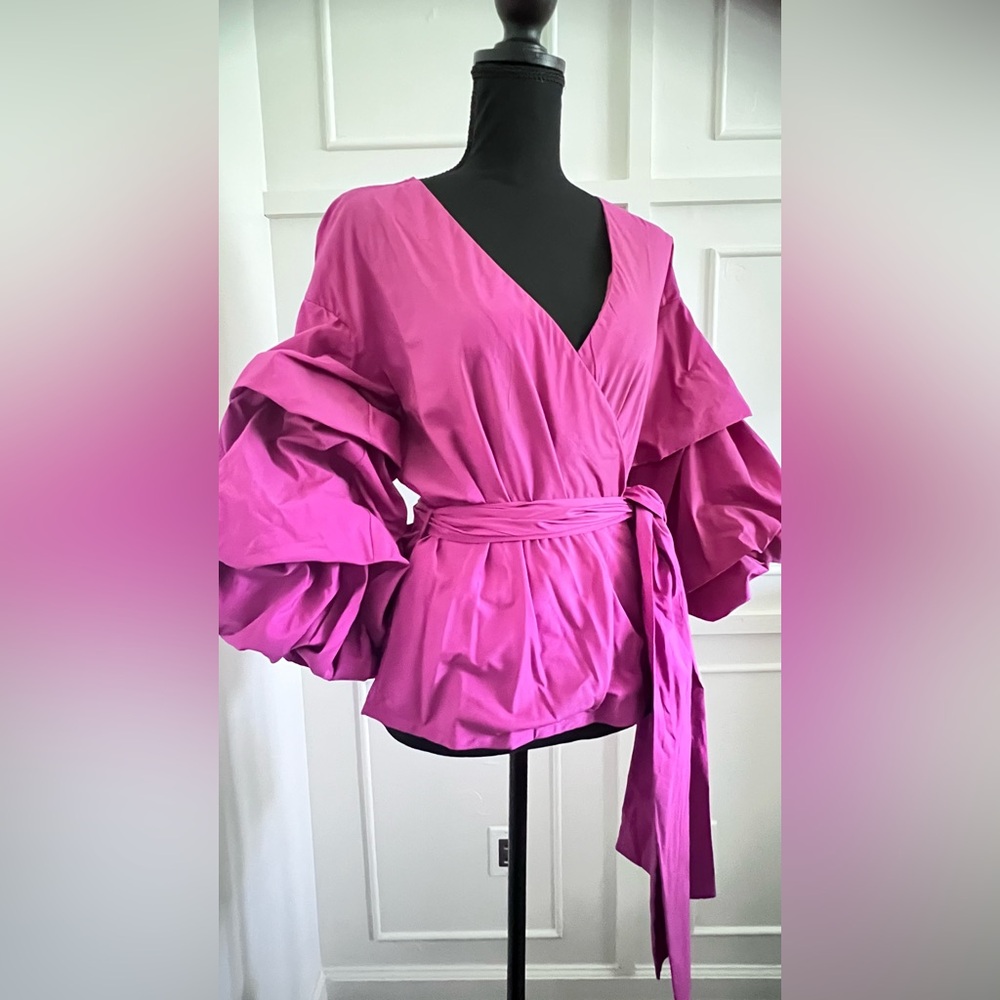 Elegant Pink Wrap Top With Balloon Sleeve